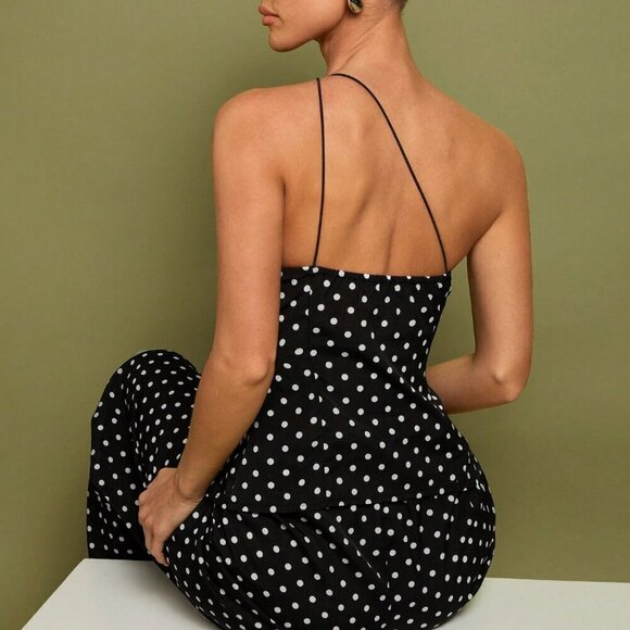 Women's Polka Dot Shoulder Top & Pants Set, Minimalist Wear Classic - Picture 5 of 7